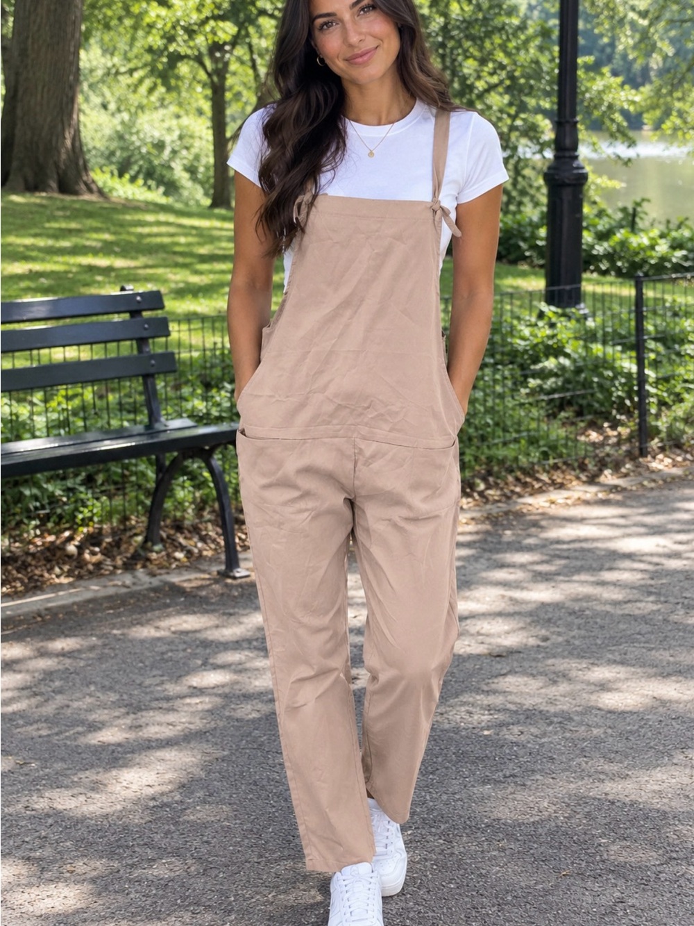 Women's Beige Tie-Strap Overalls Jumpsuit - Casual Comfort